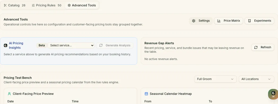 Advanced Tools in the Commerce Hub: settings, price matrix and experiments buttons, AI pricing insights per service, revenue gap alerts and the pricing test bench with a client-facing price preview and a seasonal calendar heatmap.