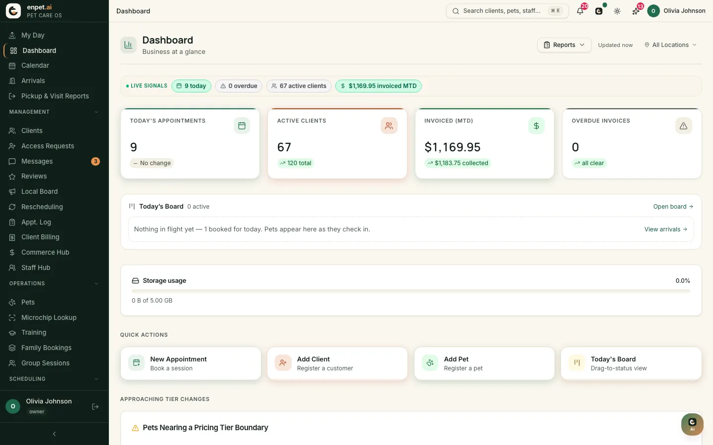 The dashboard: nine appointments today, 67 active clients, $1,169.95 invoiced this month, no overdue invoices, today's board and quick actions.