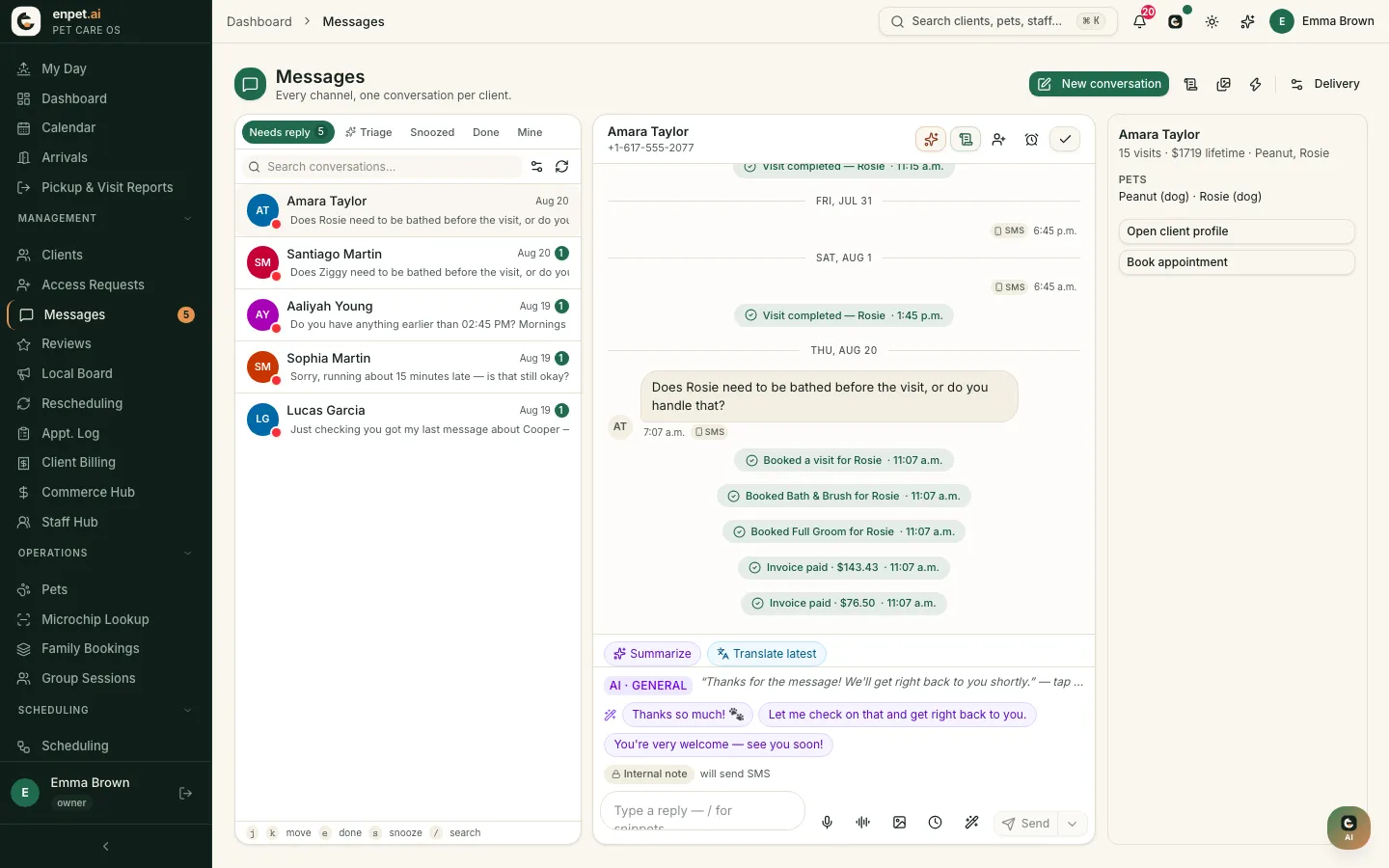 The inbox: five conversations needing a reply, a thread with Amara Taylor showing booked visits and paid invoices inline, suggested replies and a compose box.
