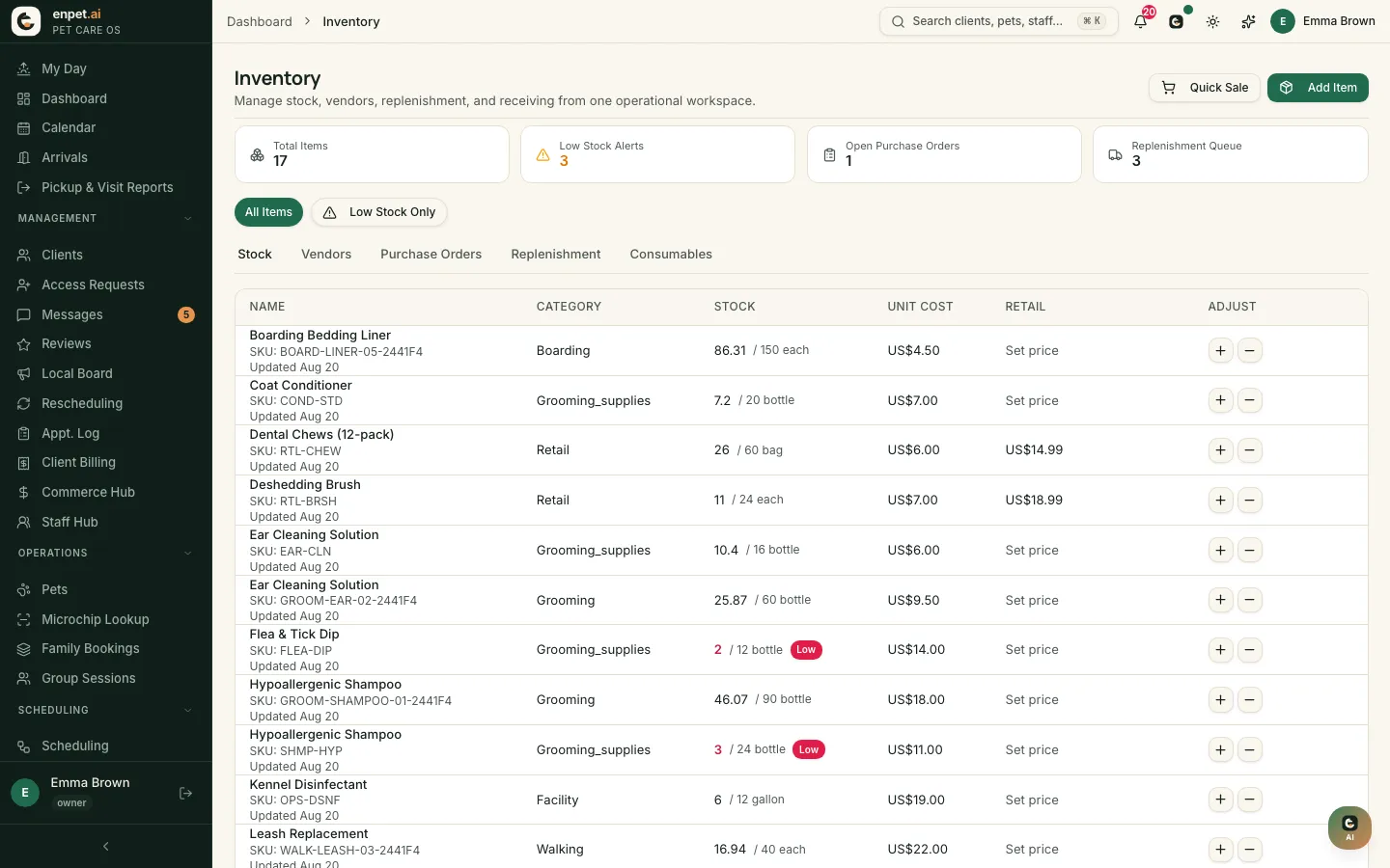 Inventory: seventeen items, three low-stock alerts, one open purchase order, and a stock table with unit cost and retail price.