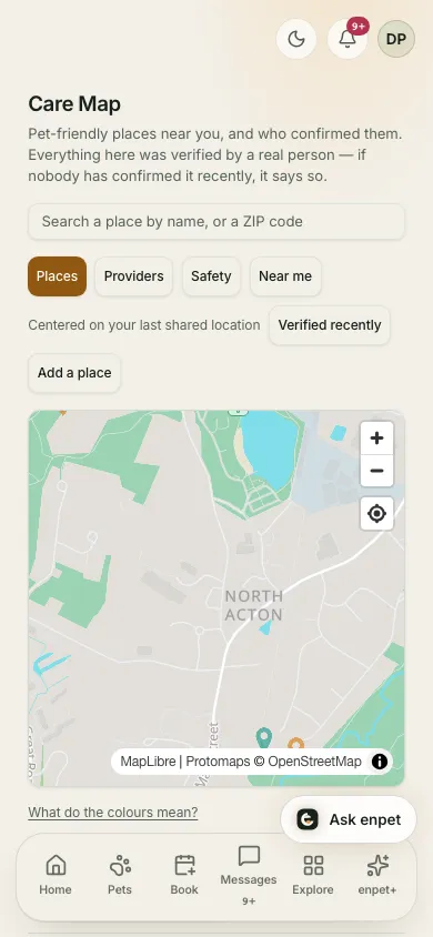 The Care Map: pet-friendly places near you, filters for places, providers, safety and near me, verified recently.